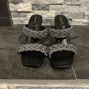 New Qupid Black Rhinestone Braided Heels